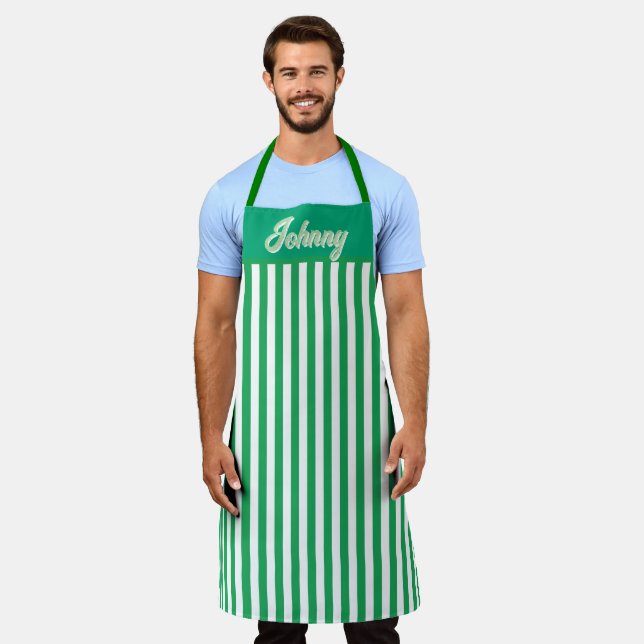 Personalised Green Striped  Apron (Worn)