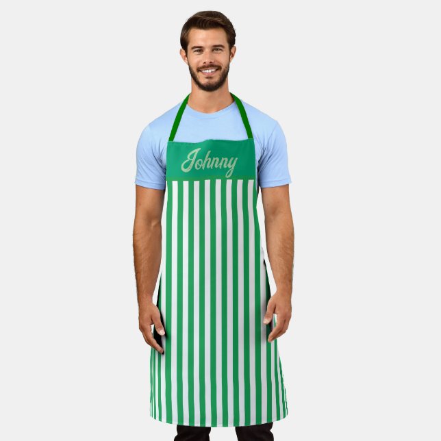 Personalised Green Striped  Apron (Worn)