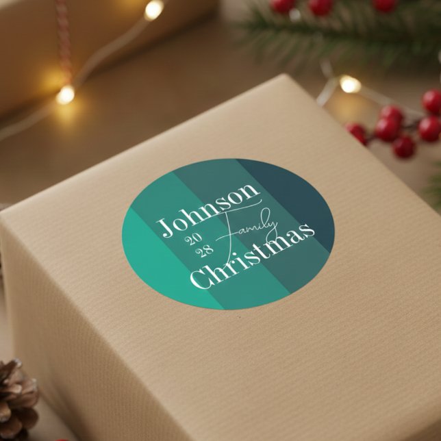 Personalised Green Stripes Family Name Christmas Classic Round Sticker (Creator Uploaded)