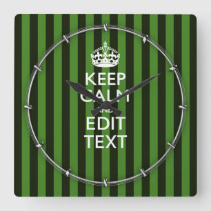 Personalised Green Stripes Keep Calm Your Text Square Wall Clock