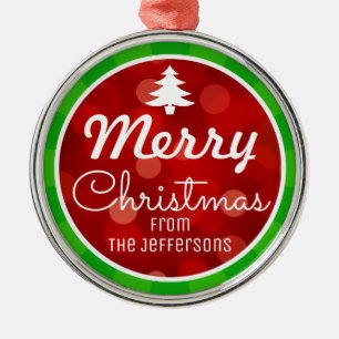 Personalised Green Stripes Red Bokeh Christmas Metal Ornament