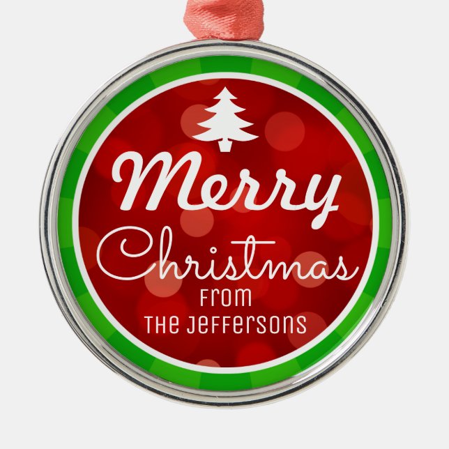 Personalised Green Stripes Red Bokeh Christmas Metal Ornament (Front)