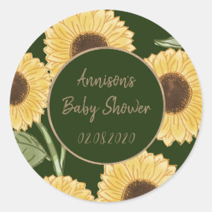 Personalised Green Sunflower Pattern Baby Shower  Classic Round Sticker