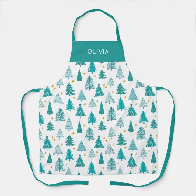 Personalised Green Teal Christmas Tree Kitchen Apron (Front)