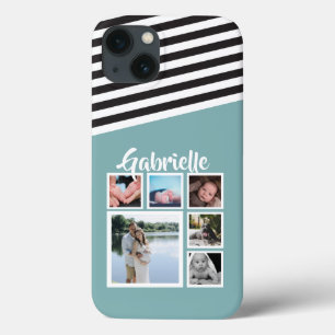 Personalised Green Teal Stripe Pattern Black White iPhone 13 Case