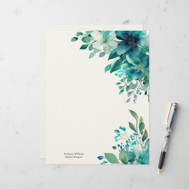 Personalised Green Teal Wildflowers Florals  Custom Letterhead (Front/Back In Situ)