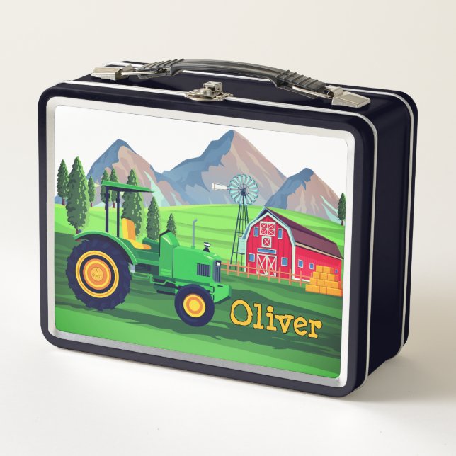 Personalised Green Tractor Barnyard Farm Metal Lunch Box (Front)