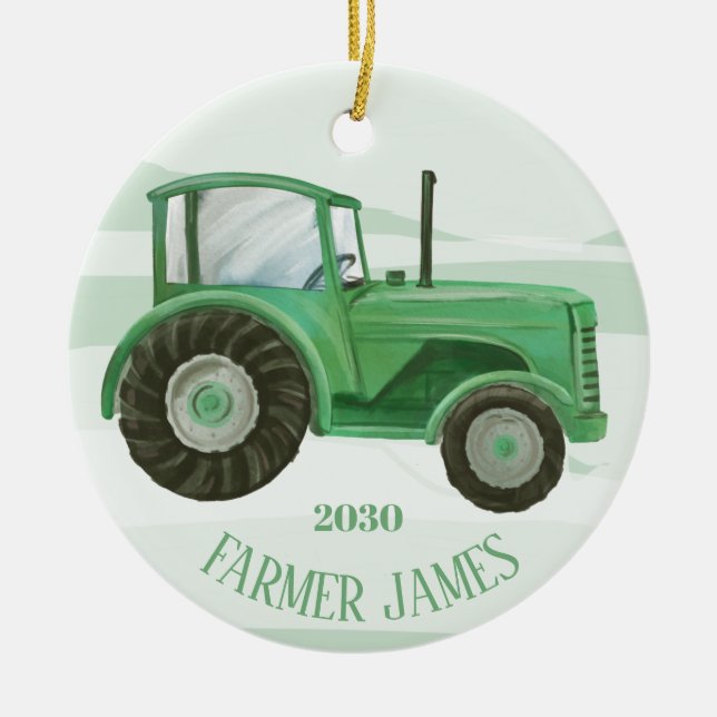 Personalised Green Tractor Christmas Ornament (Front)