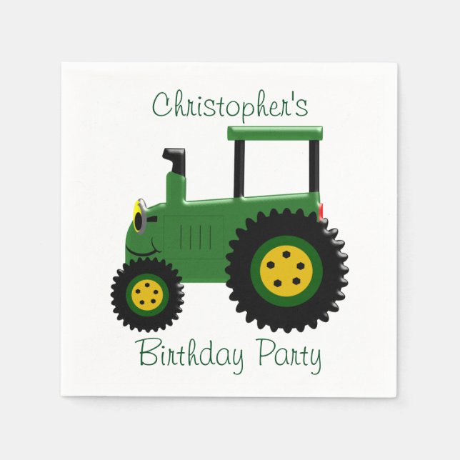 Personalised Green Tractor Design Birthday Party Napkin (Front)