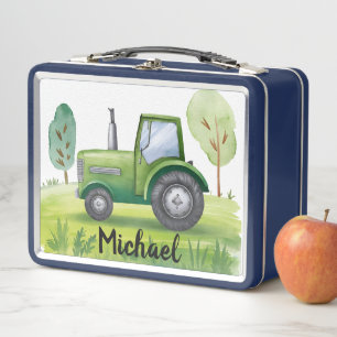 Personalised Green Tractor Farm Watercolor Kids Metal Lunch Box