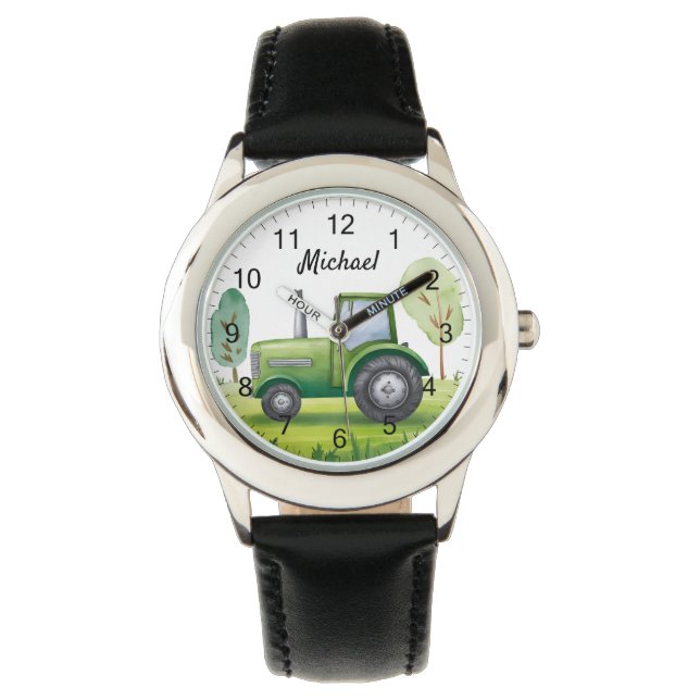 Personalised Green Tractor Farm Watercolor Kids Watch (Front)