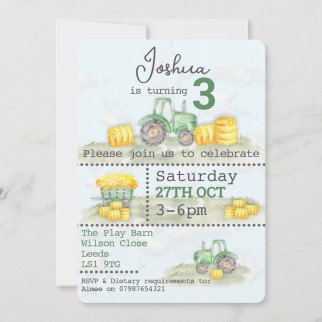Personalised Green Tractor Themed Invitations (Front)