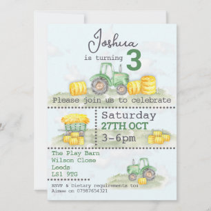 Personalised Green Tractor Themed Invitations