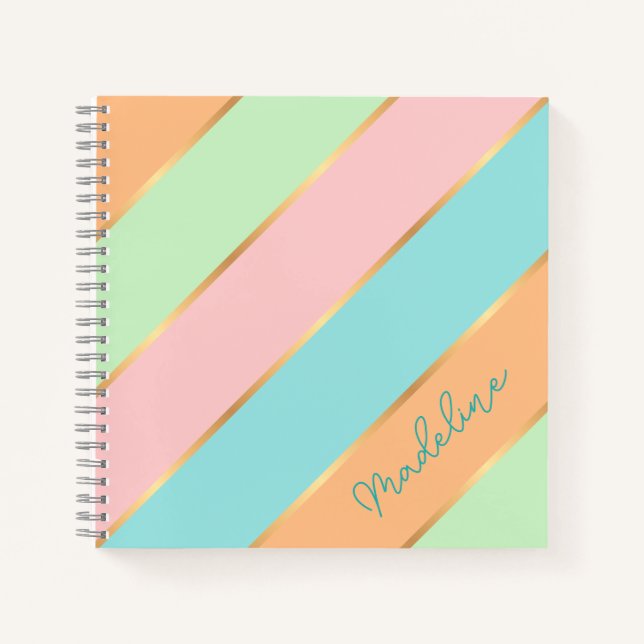 Personalised Green Turquoise Blue Pink Stripe Notebook (Front)