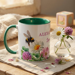 Personalised Green Watercolor Bee Spring Vibes Mug