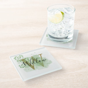 Personalised Green Watercolor & Floral Initial  Glass Coaster