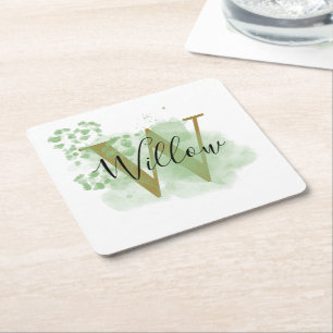 Personalised Green Watercolor & Floral Initial Square Paper Coaster