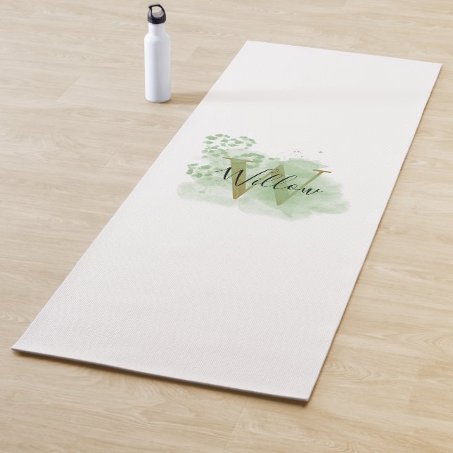 Personalised Green Watercolor & Floral Initial Yoga Mat (In Situ)