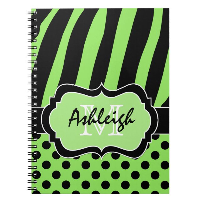 Personalised Green White Black Striped Polka Dots Notebook (Front)