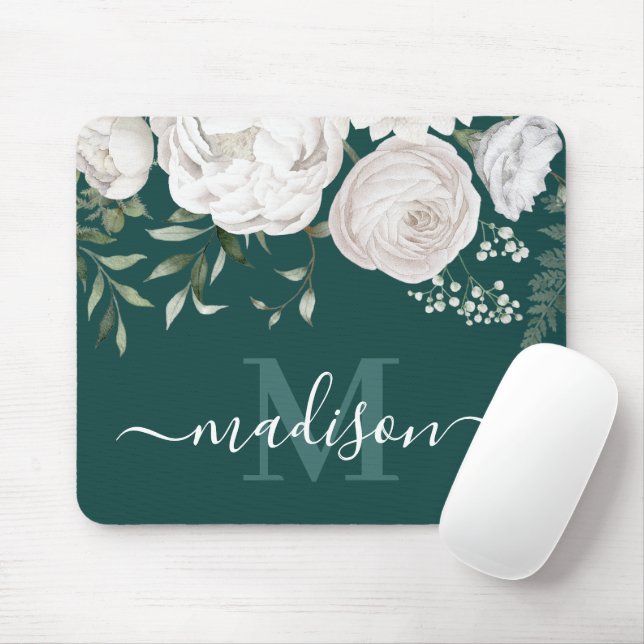Personalised Green White Floral Name Monogram Mouse Pad (With Mouse)