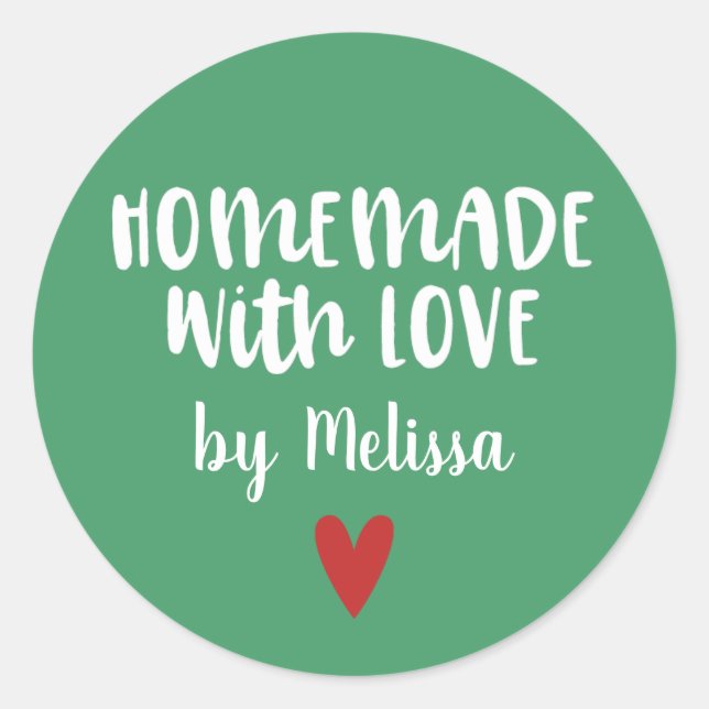 Personalised Green White Homemade With Love Classic Round Sticker (Front)