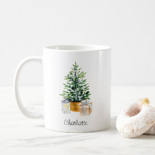 Personalised Green White Minimal Christmas Tree Coffee Mug