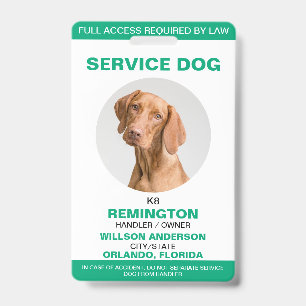 Personalised green White Service Dog Photo ID Badge