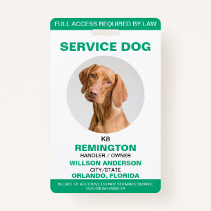 Personalised green White Service Dog Photo ID ID Badge