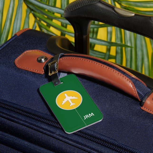 Personalised Green/Yellow Aeroplane Travel Luggage Tag (Front Insitu 1)