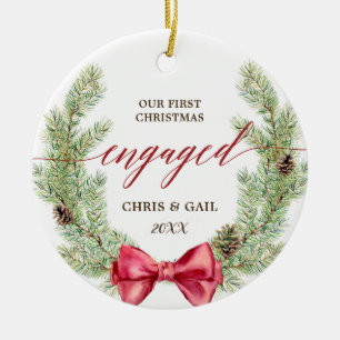 Personalised Greenery First Christmas Engaged Ceramic Ornament