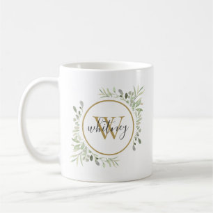 Personalised Greenery Gold Monogram Script Coffee Mug