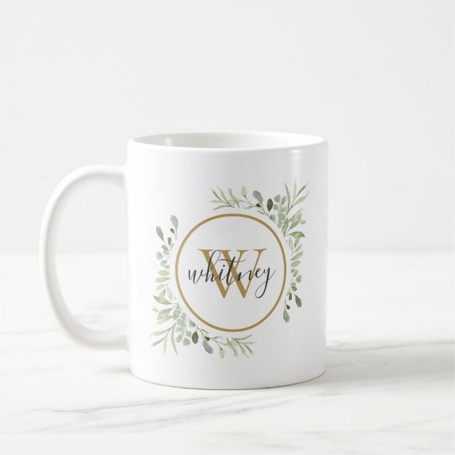 Personalised Greenery Gold Monogram Script Coffee Mug (Left)