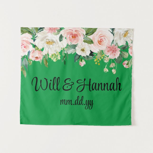 Personalised Greenery Wedding Reception Photobooth Tapestry (Front (Horizontal))