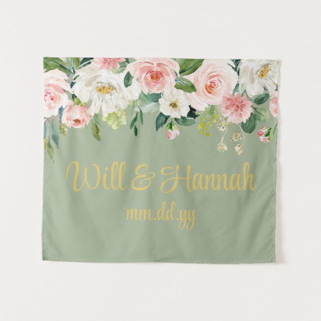 Personalised Greenery Wedding Reception Photobooth Tapestry (Front (Horizontal))