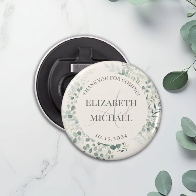 Personalised Greenery Wreath Wedding Favour Button Bottle Opener (Creator Uploaded)