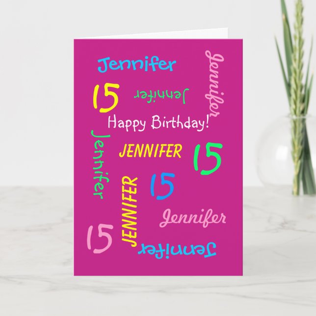 Personalised Greeting Card Name 15th Birthday Pink (Front)