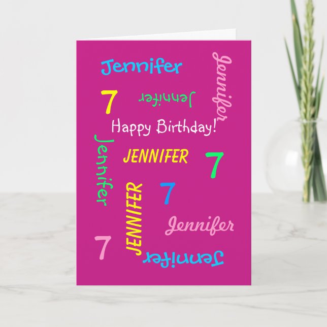 Personalised Greeting Card Name, 7th Birthday Pink (Front)