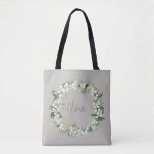 Personalised Greige Snowberry+Eucalyptus Wedding Tote Bag