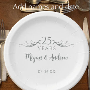 Personalised Grey 25th Wedding Anniversary Party Paper Plate