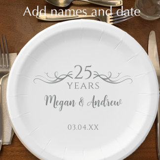 Personalised Grey 25th Wedding Anniversary Party Paper Plate