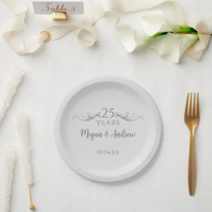 Personalised Grey 25th Wedding Anniversary Party Paper Plate