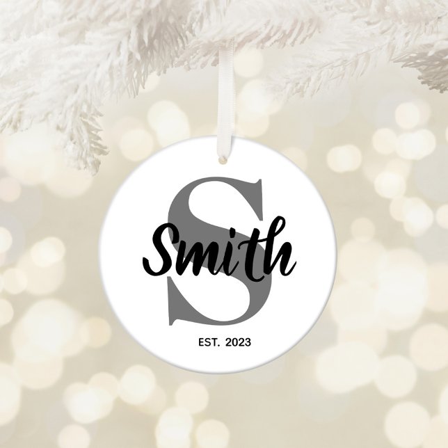 Personalised Grey and Black Family Monogram Ceramic Ornament (Wedding Monogram Ceramic Ornament)