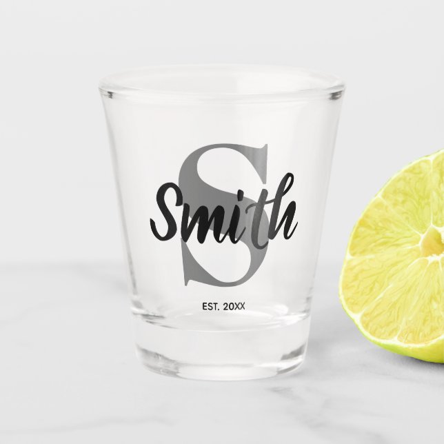 Personalised Grey and Black Family Monogram Shot Glass (Front)
