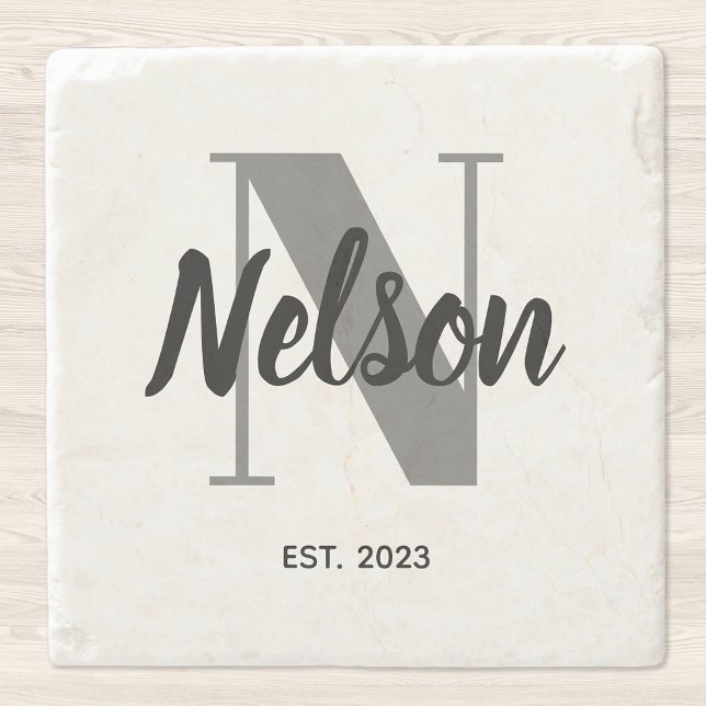 Personalised Grey and Black Family Monogram Stone Coaster (Creator Uploaded)