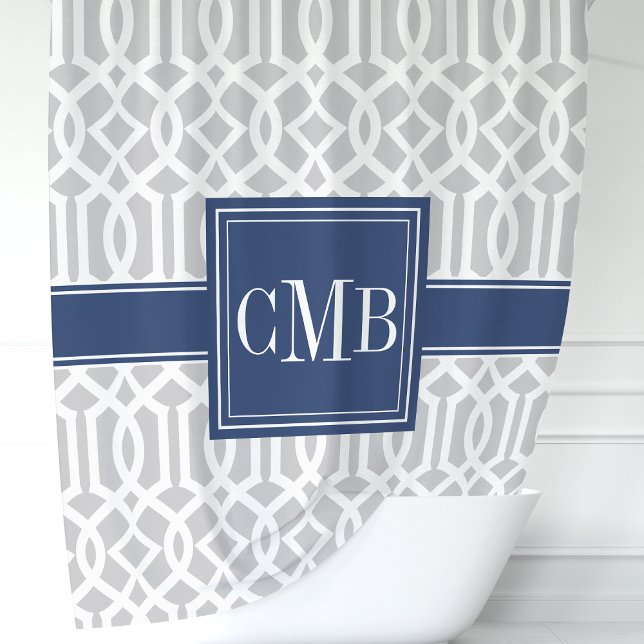 Personalised Grey and Navy Blue Moroccan Trellis Shower Curtain (Creator Uploaded)