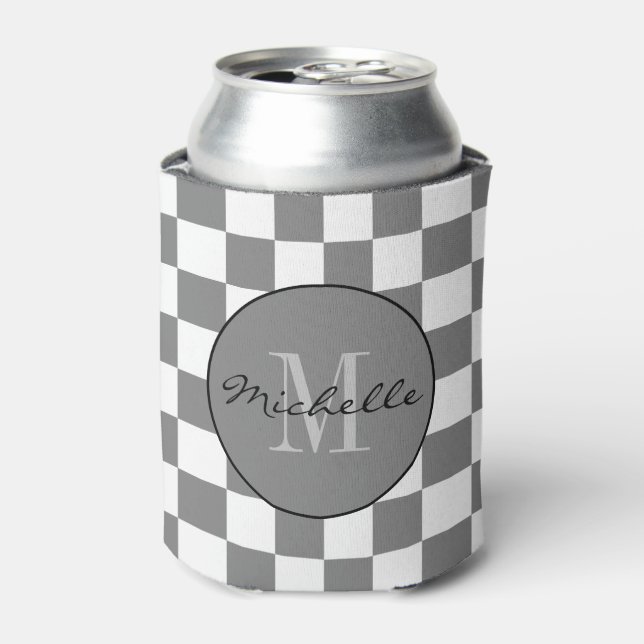 Personalised grey and white Chequerboard Pattern Can Cooler (Can Front)