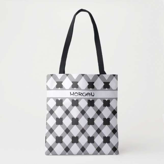 Personalised Grey and White Modern Chequered Tote Bag (Front)
