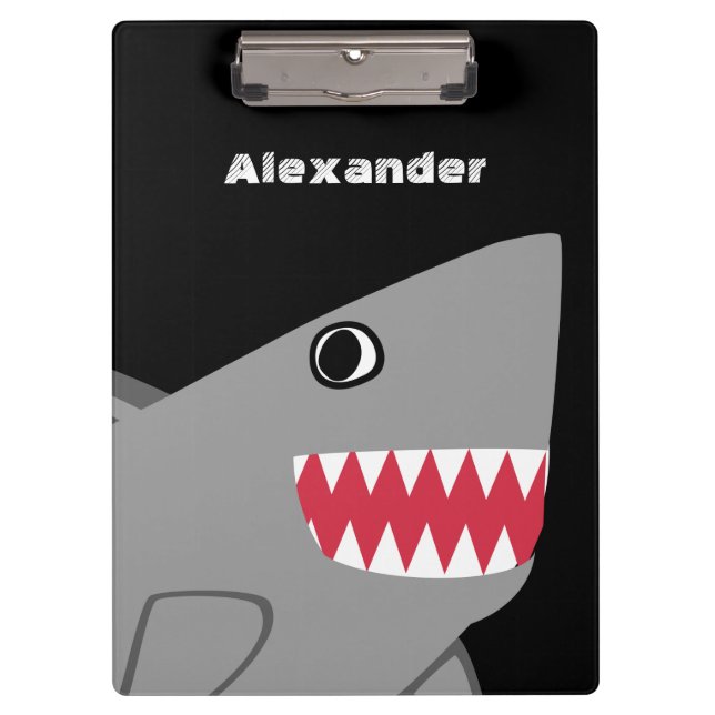 Personalised Grey Black Cartoon Cute Shark Kids Clipboard (Front)