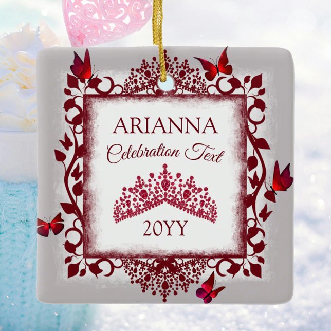 Personalised Grey, Burgundy Red Tiara, Butterfly Ceramic Ornament (personalized tree ornament with red butterflies and tiara, congratulations, commemorative gift)