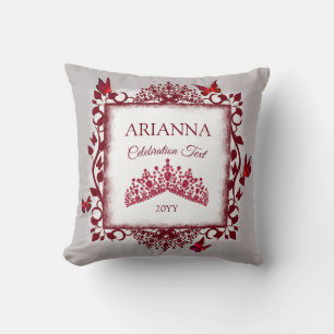 Personalised Grey, Burgundy Red Tiara, Butterfly Cushion